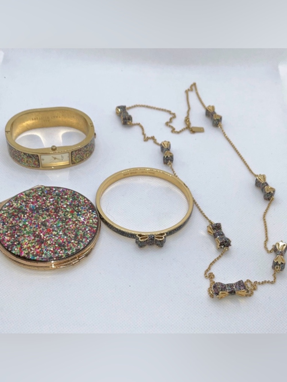 Kate Spade Gold Bow Bangle Bracelet , necklace, watch, & compact mirror